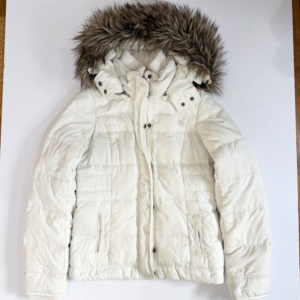Vintage Abercrombie & Fitch Y2K White Fur Hood Puffer Jacket S
